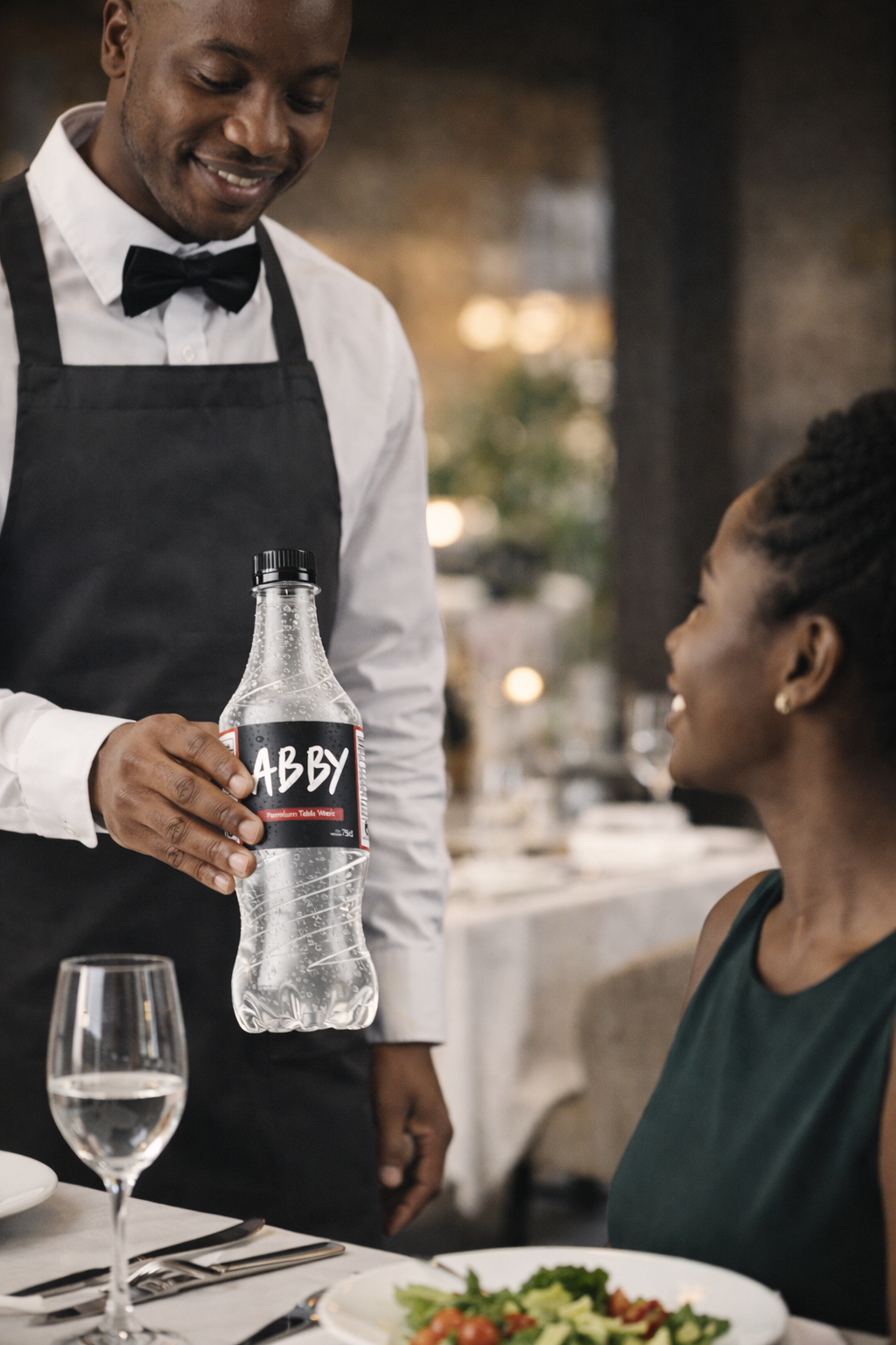 Premium service: Waiter serving Abby water at fine dining establishment